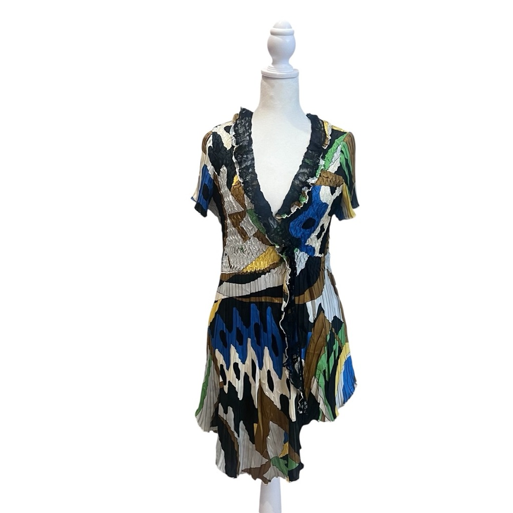 Alberto Makali Vintage  Colorful VNeck Crinkle Tunic‎ asymmetrical Y2K